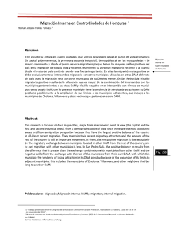 Migración Interna En Cuatro Ciudades De Honduras 1 Manuel Antonio Flores Fonseca 2