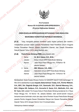 PUTUSAN Nomor 05-14-22/PHPU-DPR-DPRD/XII/2014 (Provinsi Kalimantan Selatan)