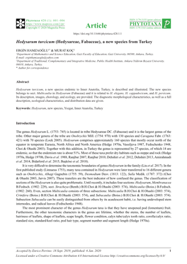 Hedysarum Turcicum (Hedysareae, Fabaceae), a New Species from Turkey