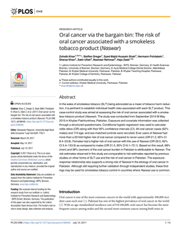 The Risk of Oral Cancer Associated with a Smokeless Tobacco Product (Naswar)