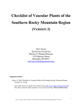 Checklist of Vascular Plants of the Southern Rocky Mountain Region