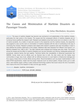 The Causes and Minimization of Maritime Disasters on Passenger Vessels by Julius Okechukwu Anyanwu Federal University of Technology, Nigeria