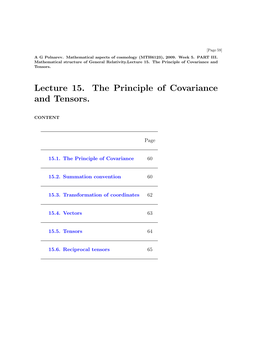 Lecture 15. the Principle of Covariance and Tensors