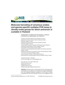 Molecular Barcoding of Venomous Snakes and Species-Specific Multiplex PCR Assay to Identify Snake Groups for Which Antivenom Is Available in Thailand