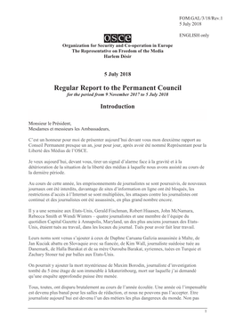 Regular Report to the Permanent Council for the Period from 9 November 2017 to 5 July 2018