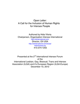 Open Letter: a Call for the Inclusion of Human Rights for Intersex People