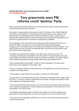 Tory Grassroots Warn PM Reforms Could 'Destroy' Party