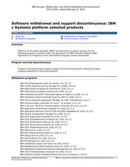 Software Withdrawal and Support Discontinuance: IBM Z Systems Platform Selected Products