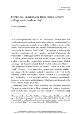 Symbolism, Imagism, and Hermeneutic Anxiety: a Response to Andrew Hay*