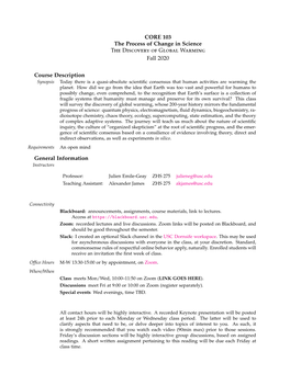 CORE 103 the Process of Change in Science the Discovery of Global Warming Fall 2020