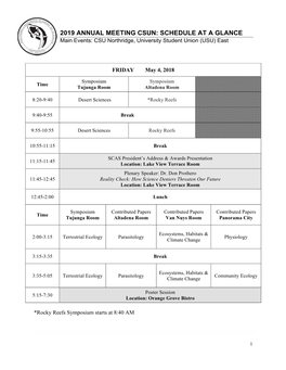 2019 ANNUAL MEETING CSUN: SCHEDULE at a GLANCE Main Events: CSU Northridge, University Student Union (USU) East