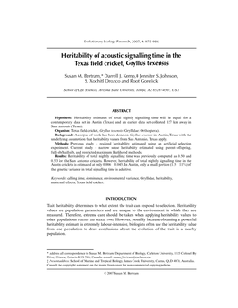 Heritability of Acoustic Signalling Time in the Texas Field Cricket, Gryllus Texensis