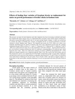 Effects of Feeding Four Varieties of Sorghum Bicolor As Replacement for Maize on Growth Performance of Broiler Chicks in Kaduna State