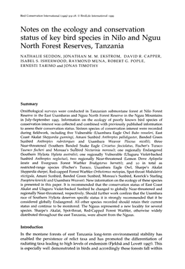 Notes on the Ecology and Conservation Status of Key Bird Species in Nilo and Nguu North Forest Reserves, Tanzania