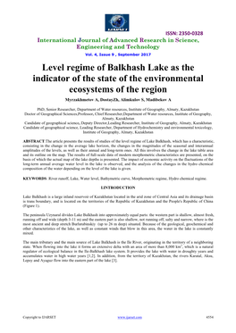 Level Regime of Balkhash Lake As the Indicator of the State of the Environmental Ecosystems of the Region