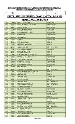 Distribution Timing: 09:00 Am to 12:00 Pm Serial No. 2301-2900 2301 124389 Imtiaz Ahmed Awan Manager 2302 124559 Muhammad Khalil Khan Attndt.Off