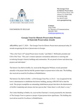 Georgia Trust for Historic Preservation Presents 24 Statewide Preservation Awards