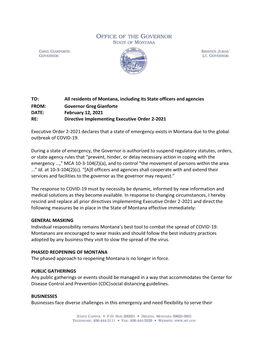 Governor Greg Gianforte DATE: February 12, 2021 RE: Directive Implementing Executive Order 2-2021