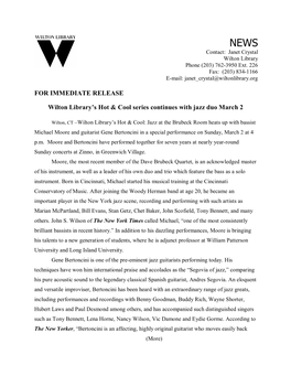 FOR IMMEDIATE RELEASE Wilton Library's Hot & Cool Series