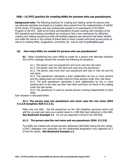 LC/PCC Practice for Creating Nars for Persons Who Use Pseudonyms