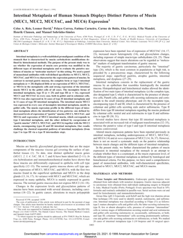 Intestinal Metaplasia of Human Stomach Displays Distinct Patterns of Mucin (MUC1, MUC2, MUC5AC, and MUC6) Expression1