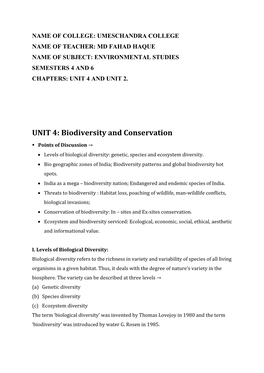 UNIT 4: Biodiversity and Conservation