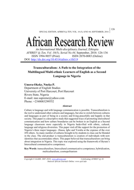 Transculturalism: a Path to the Integration of the Multilingual/Multi-Ethnic Learners of English As a Second Language in Nigeria