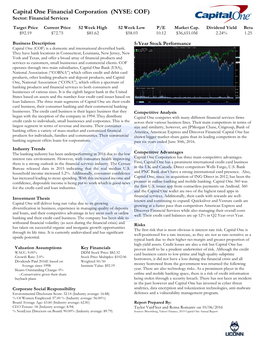 Capital One Financial Corporation (NYSE: COF) Sector: Financial Services Target Price Current Price 52 Week High 52 Week Low P/E Market Cap