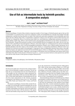 Use of Fish As Intermediate Hosts by Helminth Parasites: a Comparative Analysis Stefañski