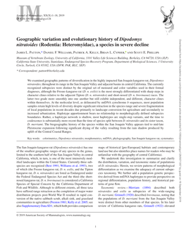 Geographic Variation and Evolutionary History of Dipodomys Nitratoides (Rodentia: Heteromyidae), a Species in Severe Decline