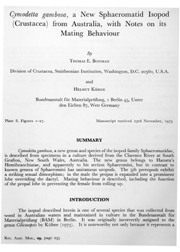 (Crustacea) from Australia, with Notes on Its Mating Behaviour