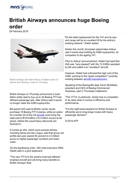 British Airways Announces Huge Boeing Order 28 February 2019