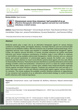 Cinnamomum Verum (True Cinnamon) Leaf Essential Oil As an Abstract Effective Therapeutic Alternative Against Oral and Non-Ora