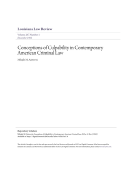 Conceptions of Culpability in Contemporary American Criminal Law Mihajlo M