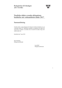 Nordiska Rådets Svenska Delegations Berättelse Om Verksamheten Under 2017