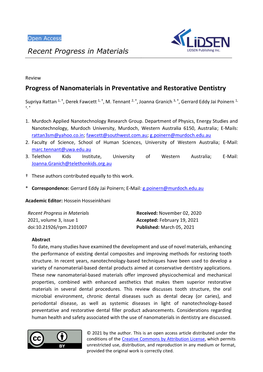 Recent Progress in Materials Progress of Nanomaterials in Preventative and Restorative Dentistry