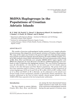 Mtdna Haplogroups in the Populations of Croatian Adriatic Islands