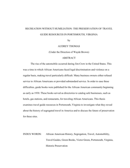 RECREATION WITHOUT HUMILIATION: the PRESERVATION of TRAVEL GUIDE RESOURCES in PORTSMOUTH, VIRGINIA by AUDREY THOMAS (Under the D