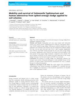 Mobility and Survival of Salmonella Typhimurium and Human Adenovirus from Spiked Sewage Sludge Applied to Soil Columns J