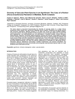 Diversity of Vascular Plant Species in an Agroforest: the Case of a Rubber (Hevea Brasiliensis) Plantation in Makilala, North Cotabato