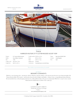 Harrison Butler 27 Ft Cutter Rigged Sloop 1939 - Sold