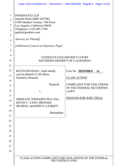 Kevin Kendall, Et Al. V. Odonate Therapeutics, Inc., Et Al. 20-CV