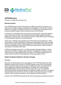 ATP6V0A2 Gene Atpase H+ Transporting V0 Subunit A2