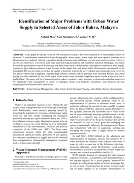 Identification of Major Problems with Urban Water Supply in Selected Areas of Johor Bahru, Malaysia