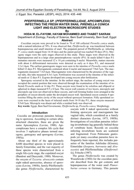 INFECTING the FRESH WATER SNAIL PIRENELLA CONICA LIGHT and ELECTRON MICROSCOPE STUDIES by HODA M