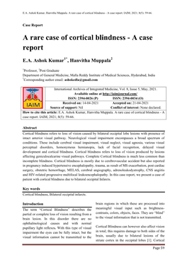 A Rare Case of Cortical Blindness - a Case Report