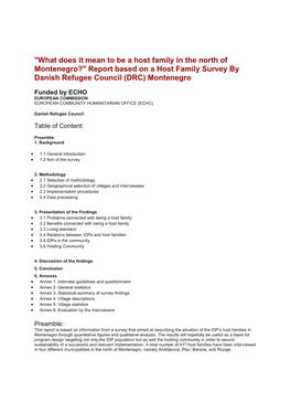 Report Based on a Host Family Survey by Danish Refugee Council (DRC) Montenegro