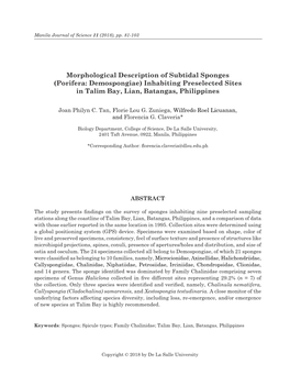 Morphological Description of Subtidal Sponges (Porifera: Demospongiae) Inhabiting Preselected Sites in Talim Bay, Lian, Batangas, Philippines