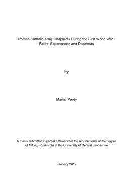 Roman Catholic Army Chaplains During the First World War : Roles, Experiences and Dilemmas