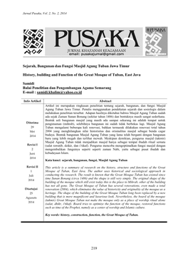 219 Sejarah, Bangunan Dan Fungsi Masjid Agung Tuban Jawa Timur History, Building and Function of the Great Mosque of Tuban